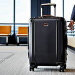 **Image Prompt:** A luxurious TUMI suitcase in a modern airport lounge. The suitcase is sleek and made of ballistic nylon, showcasing its durability and high-end design. A businessman in a stylish suit stands nearby, suggesting a sophisticated travel style. Focus on details like the TUMI Tracer tag and smooth-rolling wheels.