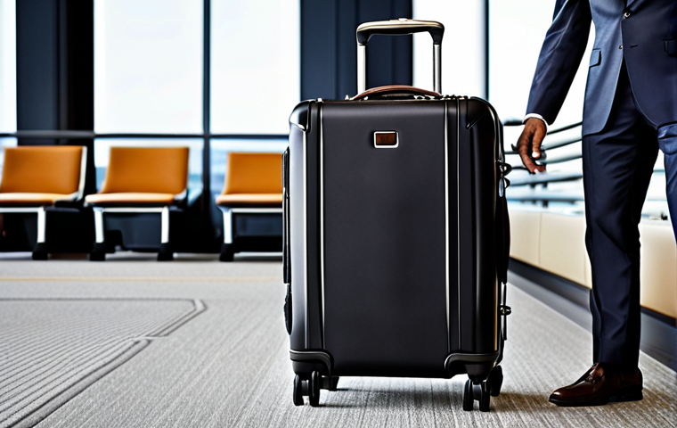 **Image Prompt:** A luxurious TUMI suitcase in a modern airport lounge. The suitcase is sleek and made of ballistic nylon, showcasing its durability and high-end design. A businessman in a stylish suit stands nearby, suggesting a sophisticated travel style. Focus on details like the TUMI Tracer tag and smooth-rolling wheels.