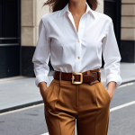 **

A stylish woman wearing high-waisted trousers, a crisp white shirt, and an Hermès H buckle belt (gold buckle). The setting is a chic, minimalist urban environment. The overall feel is effortlessly elegant and modern.

**