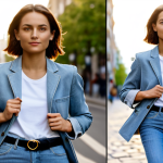 Casual Chic**

"A woman in her late 20s, wearing a light-wash denim jeans and a simple white t-shirt, topped with an oversized blazer, fully clothed, a Dior Oblique belt cinches her waist, emphasizing her figure, standing in a sunlit urban street with blurred background, safe for work, appropriate content, perfect anatomy, natural pose, well-formed hands, proper finger count, family-friendly, professional photography, high quality."

**