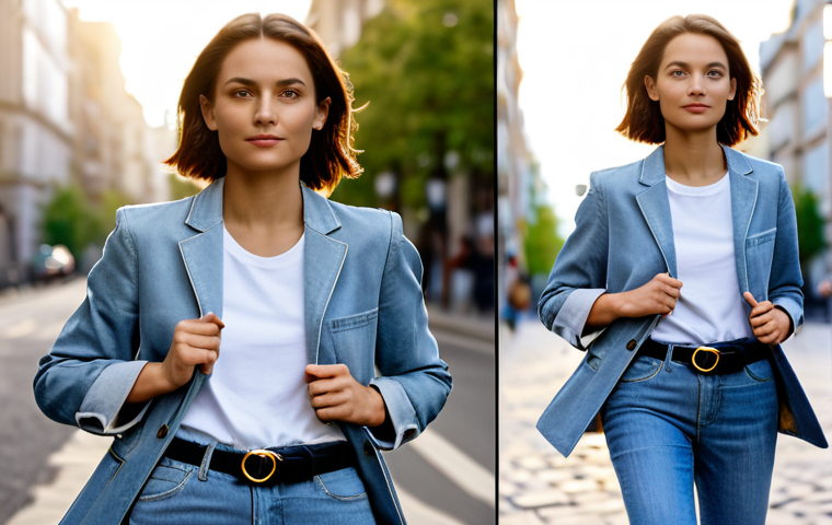 Casual Chic**
"A woman in her late 20s, wearing a light-wash denim jeans and a simple white t-shirt, topped with an oversized blazer, fully clothed, a Dior Oblique belt cinches her waist, emphasizing her figure, standing in a sunlit urban street with blurred background, safe for work, appropriate content, perfect anatomy, natural pose, well-formed hands, proper finger count, family-friendly, professional photography, high quality."
**